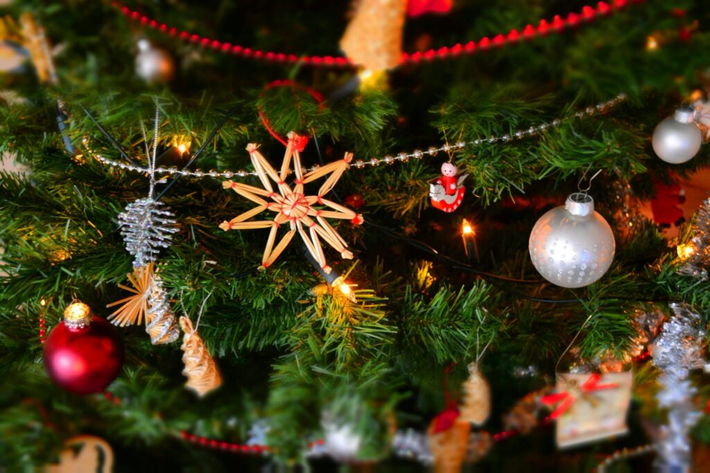 Part of a Christmas tree with decorations